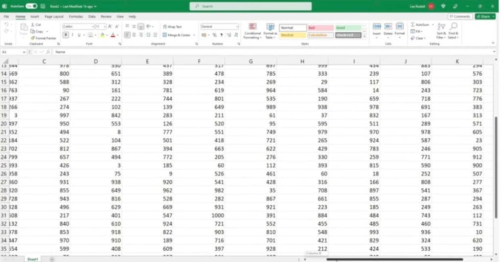 Example of Unfrozen Rows & Columns in Excel