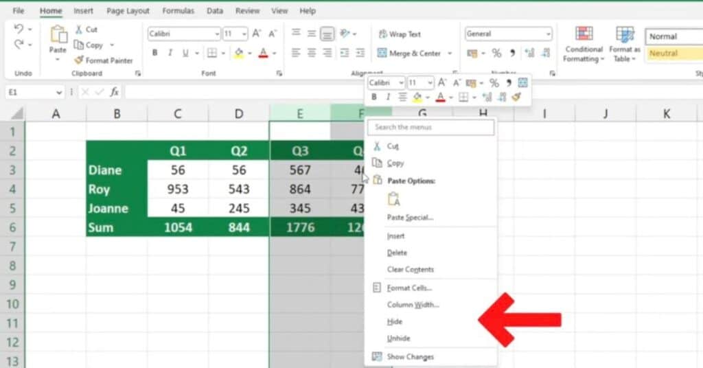 First Way How to Hide Columns in Excel