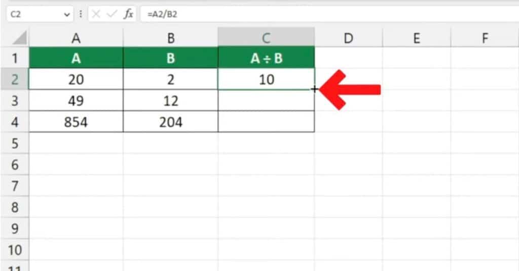 Using the Fill Handle to Copy Divide Formula