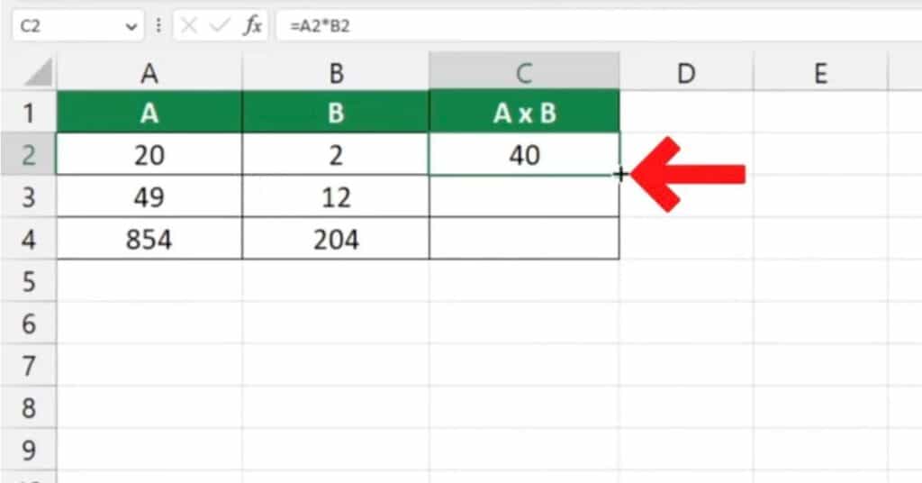 Using the Fill Handle to Copy Multiply Formula