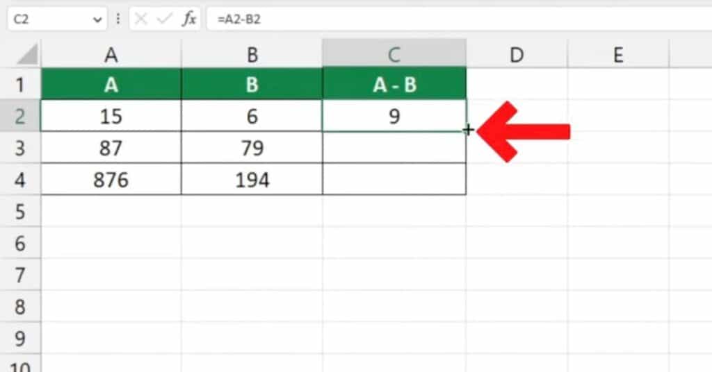 Using the Fill Handle to Copy Subtract Formula