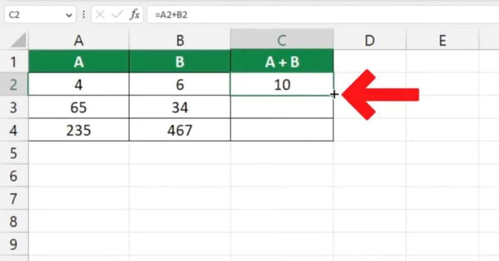 Using the Fill Handle to Copy Sum Formula