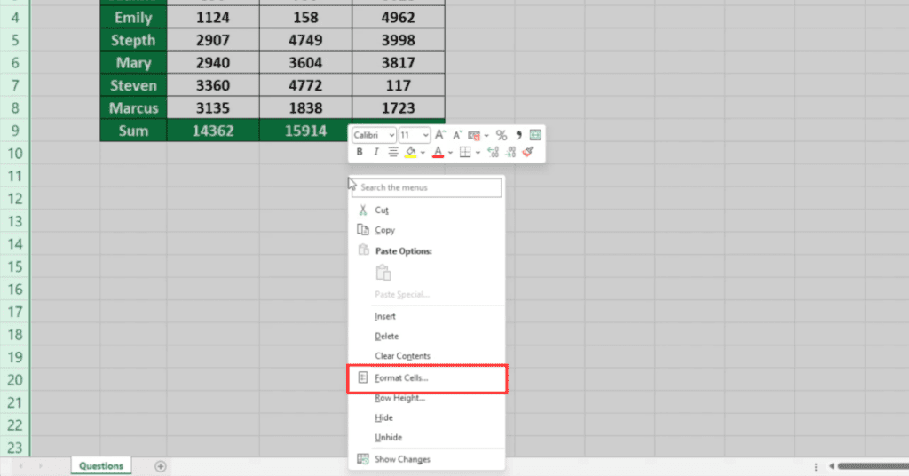 Format Cells