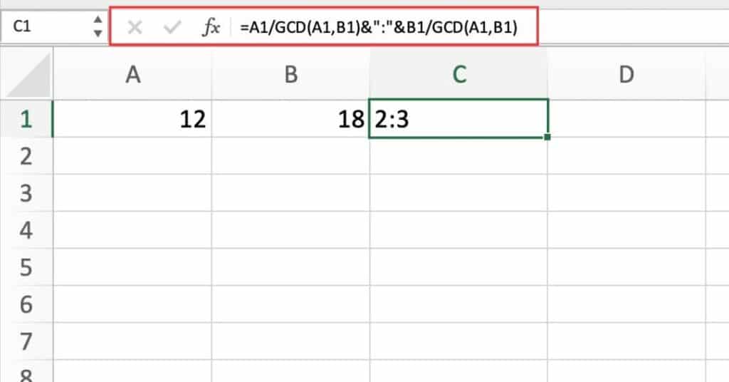 GCD Function to Calculate Ratio in Excel