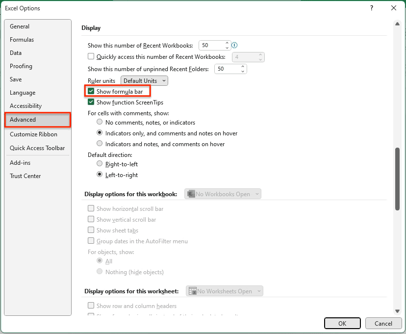 How to Show Formula Bar in Excel - Options