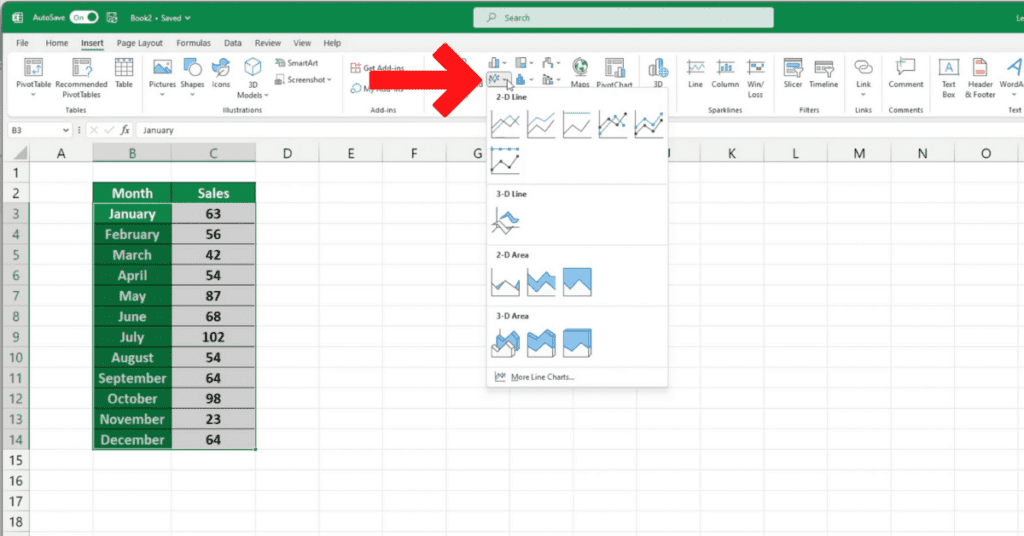 Insert Line Graph in Excel