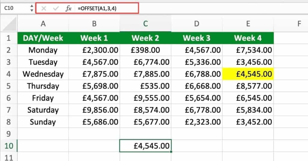 Excel OFFSET Function