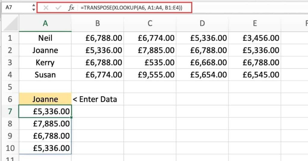 TRANSPOSE With XLOOKUP