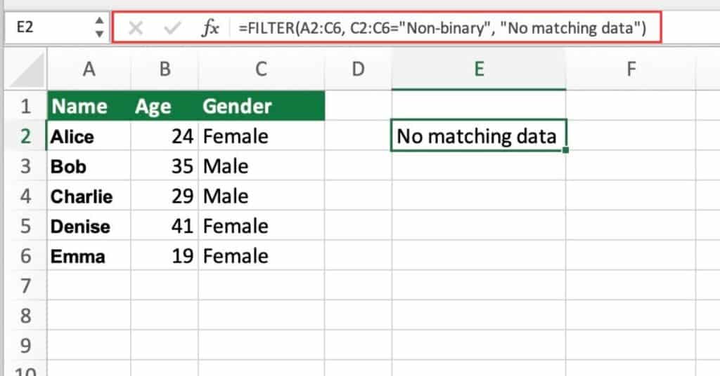 Dealing with No Matching Data in Excel FILTER Function