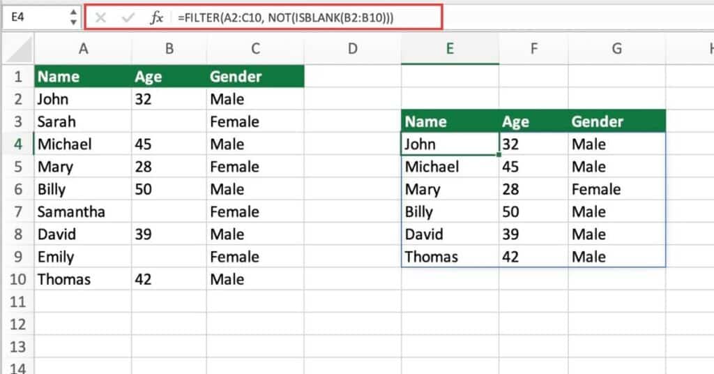 Filtering Out Blanks with Excel's FILTER Function