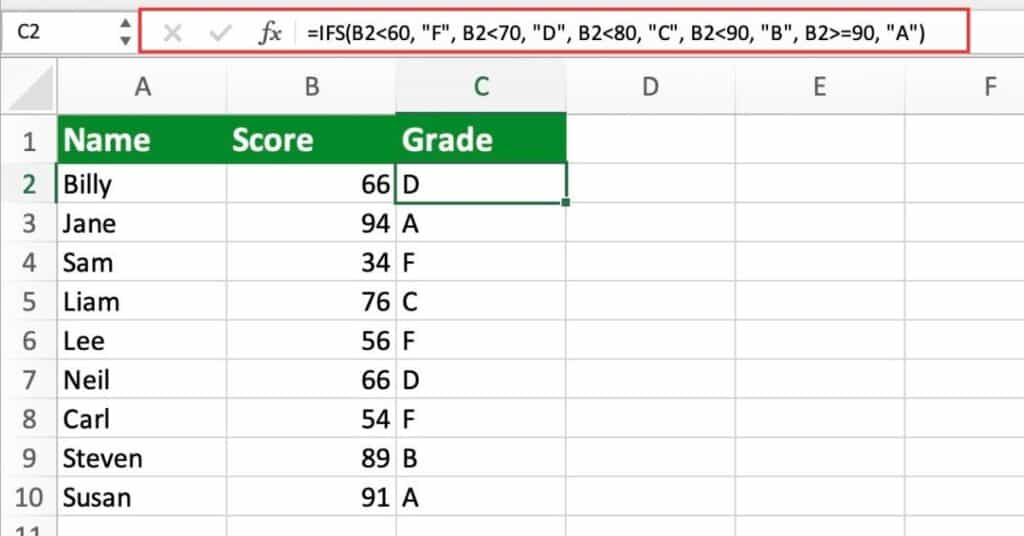 Excel IFS Function - Grades (Lowest to Highest)