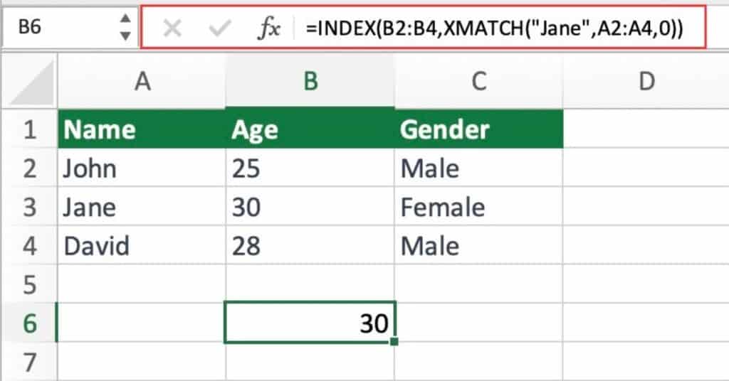 XMATCH with INDEX to return values from a specific column