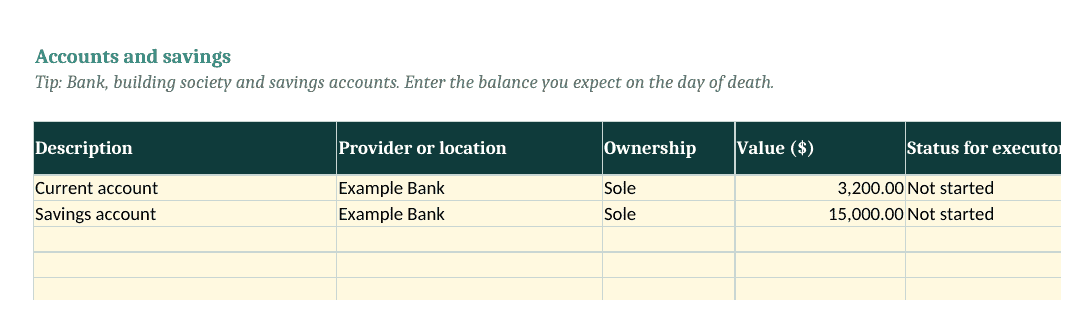 Assets sheet with an accounts and savings table, with ownership and value columns