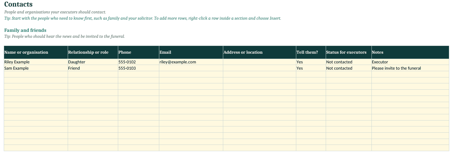 Contacts sheet with family and adviser tables